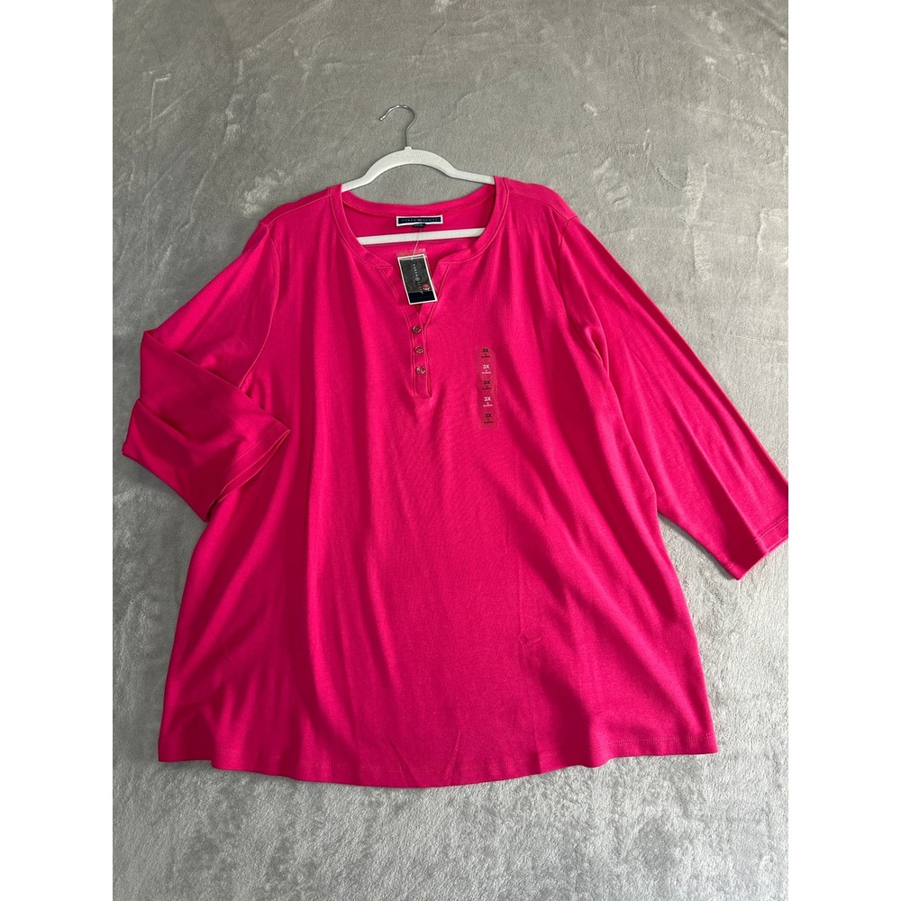 Karen Scott Plus Hot Pink 3/4 Sleeve Henley Top 100% Cotton 3X NWT